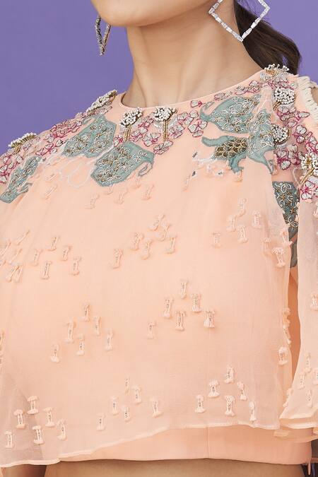 Shop_EK Soot_Peach Bead , Sequins, Thread High Embroidered Crop Top And Sharara Set_Online_at_Aza_Fashions