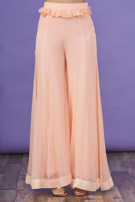 EK Soot_Peach Bead , Sequins, Thread High Embroidered Crop Top And Sharara Set_at_Aza_Fashions