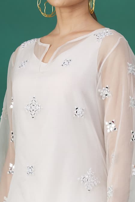 Shop_Asaga_White Mirror Notched Embroidered Flared Kurta Pant Set _Online_at_Aza_Fashions
