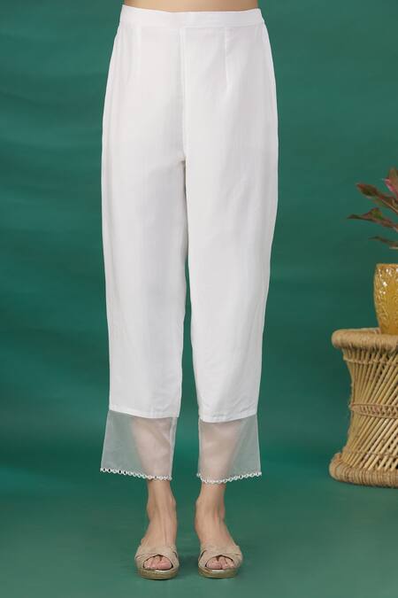 Asaga_White Mirror Notched Embroidered Flared Kurta Pant Set _at_Aza_Fashions