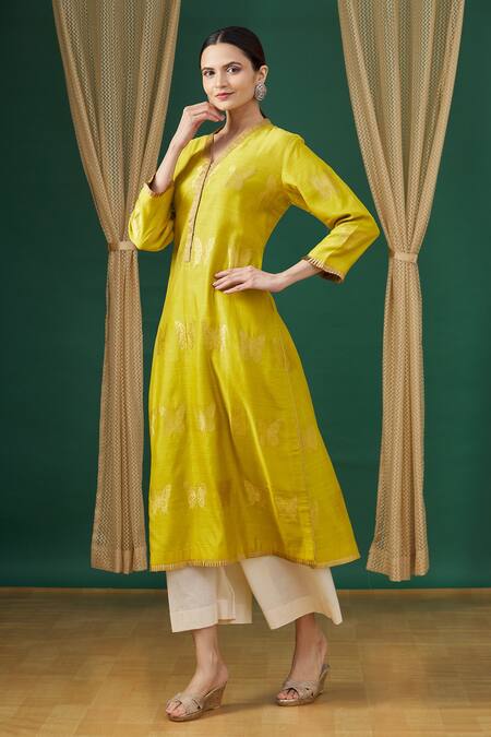 Buy_Rar Studio_Yellow Butterfly Motif Embroidered Tunic_Online_at_Aza_Fashions