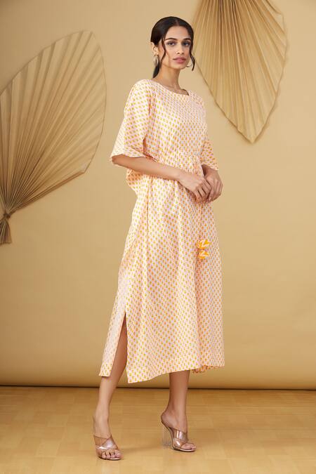 Yogita Kadam_Orange Floral Motifs Round Print Kaftan_Online_at_Aza_Fashions