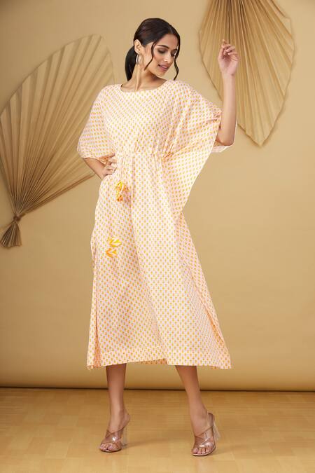 Buy_Yogita Kadam_Orange Floral Motifs Round Print Kaftan_Online_at_Aza_Fashions