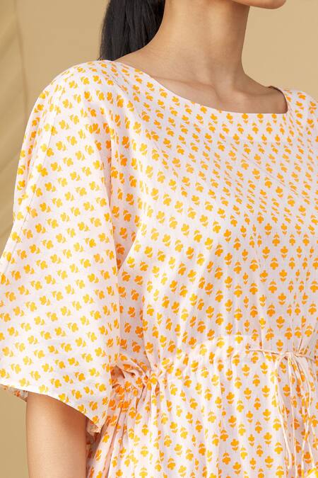 Yogita Kadam_Orange Floral Motifs Round Print Kaftan_at_Aza_Fashions