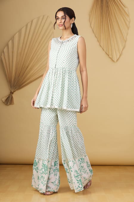 Buy_Yogita Kadam_Green Printed Floral Motifs Round Kurta Sharara Set  _Online_at_Aza_Fashions