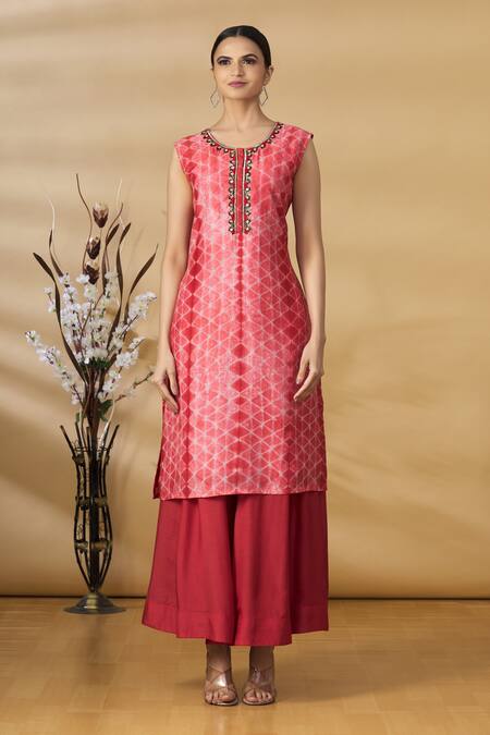 Label NE'Chi_Red And Embroidery Shibori Round Jacket Palazzo Set  _Online_at_Aza_Fashions