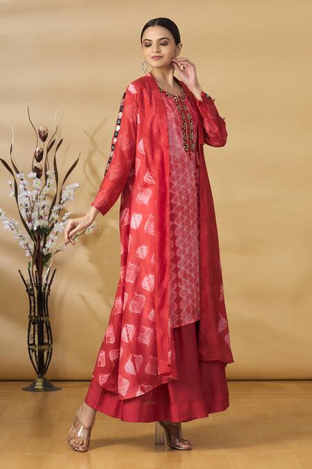 Buy_Label NE'Chi_Red And Embroidery Shibori Round Jacket Palazzo Set  _Online_at_Aza_Fashions
