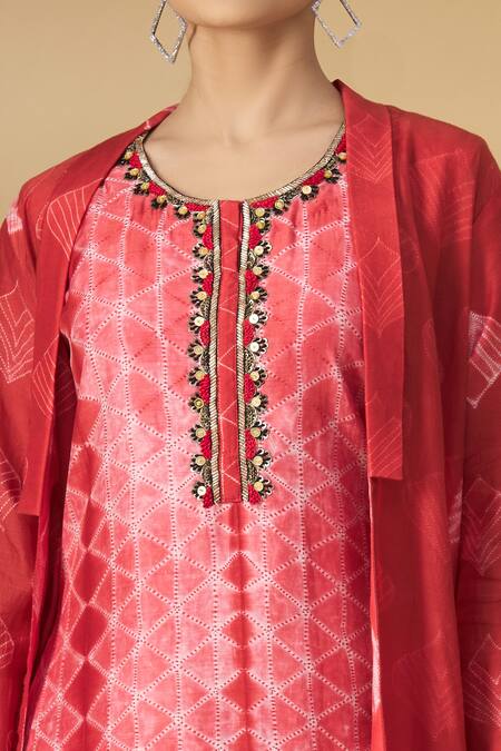 Shop_Label NE'Chi_Red And Embroidery Shibori Round Jacket Palazzo Set  _Online_at_Aza_Fashions