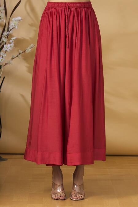 Label NE'Chi_Red And Embroidery Shibori Round Jacket Palazzo Set  _at_Aza_Fashions
