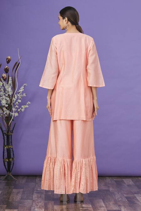 Shop_Label NE'Chi_Peach Bead , Thread Sweetheart Embroidered Overlay Kurta Palazzo Set_at_Aza_Fashions