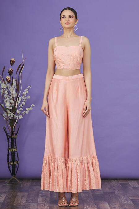 Label NE'Chi_Peach Bead , Thread Sweetheart Embroidered Overlay Kurta Palazzo Set_Online_at_Aza_Fashions