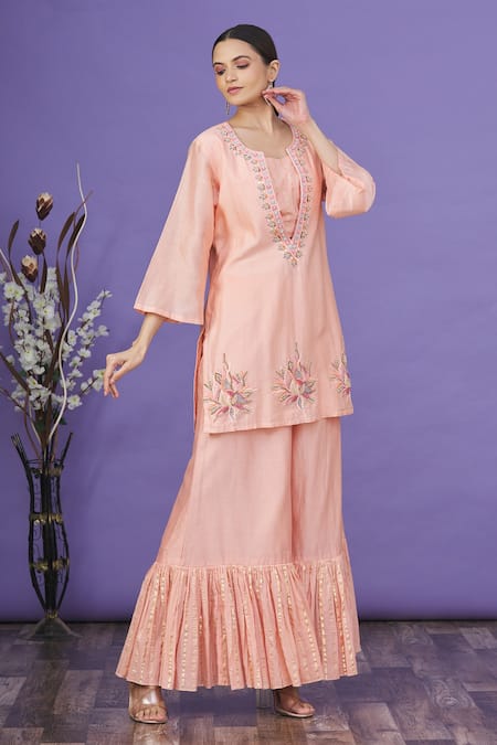Buy_Label NE'Chi_Peach Bead , Thread Sweetheart Embroidered Overlay Kurta Palazzo Set_Online_at_Aza_Fashions