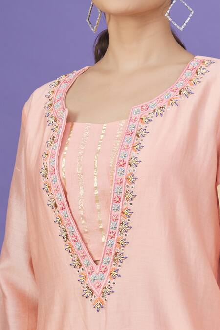 Shop_Label NE'Chi_Peach Bead , Thread Sweetheart Embroidered Overlay Kurta Palazzo Set_Online_at_Aza_Fashions