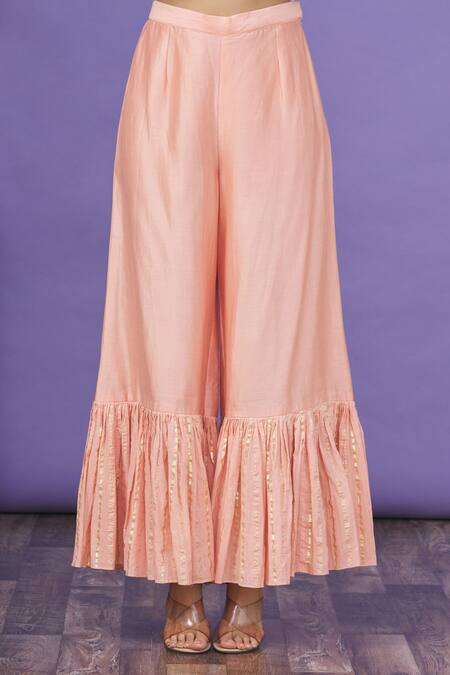 Label NE'Chi_Peach Bead , Thread Sweetheart Embroidered Overlay Kurta Palazzo Set_at_Aza_Fashions