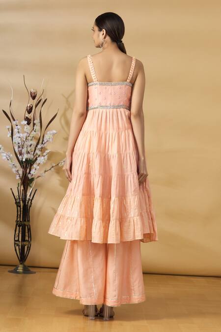 Shop_Label NE'Chi_Peach Embroidery Thread Square Neck Anarkali And Sharara Set  _at_Aza_Fashions