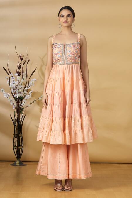 Label NE'Chi_Peach Embroidery Thread Square Neck Anarkali And Sharara Set  _Online_at_Aza_Fashions