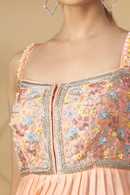Shop_Label NE'Chi_Peach Embroidery Thread Square Neck Anarkali And Sharara Set  _Online_at_Aza_Fashions