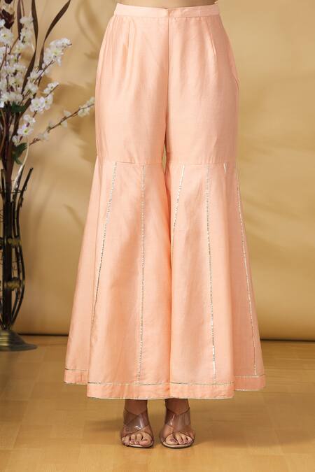 Label NE'Chi_Peach Embroidery Thread Square Neck Anarkali And Sharara Set  _at_Aza_Fashions