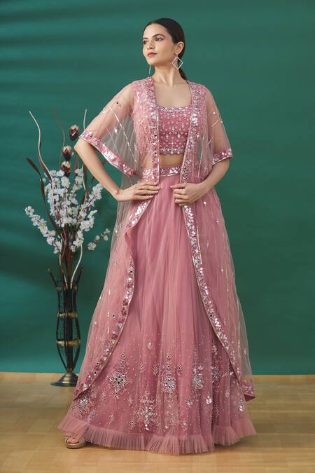 Priyaa Pink Embroidered Cape And Lehenga Set