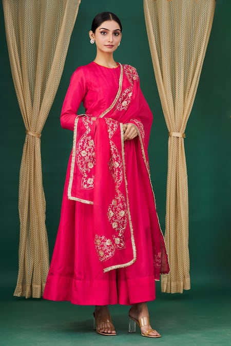 Neha Khullar Pink Cotton, Chiffon Embroidery Pleated Anarkali Set With Dupatta Online at Aza Fashions Neha Khullar_Pink Cotton, Chiffon Embroidery Pleated Anarkali Set With Dupatta_Online_at_Aza_Fashions