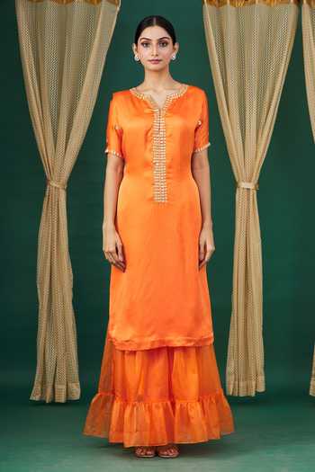 Neha Khullar_Orange Leaf Motifs Notched Lapel Tiered Sharara Set_Online_at_Aza_Fashions