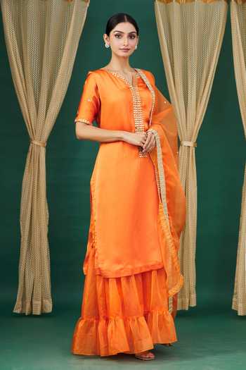 Buy_Neha Khullar_Orange Leaf Motifs Notched Lapel Tiered Sharara Set_Online_at_Aza_Fashions