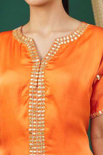 Shop_Neha Khullar_Orange Leaf Motifs Notched Lapel Tiered Sharara Set_Online_at_Aza_Fashions