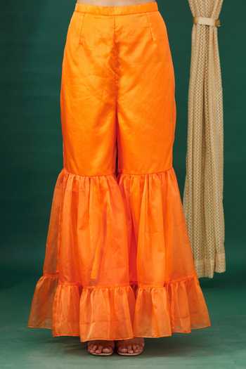 Neha Khullar_Orange Leaf Motifs Notched Lapel Tiered Sharara Set_at_Aza_Fashions