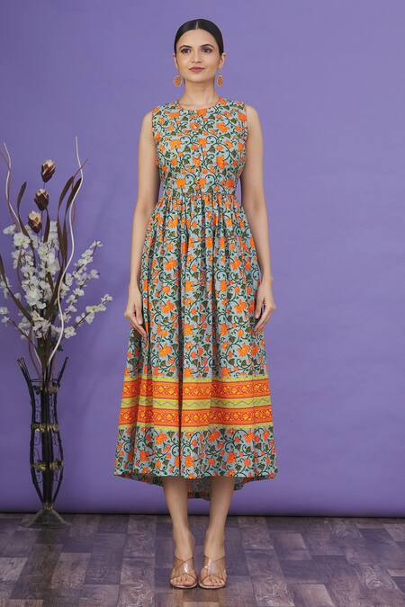 Surendri_Blue Floral Print Sleeveless Dress_Online_at_Aza_Fashions
