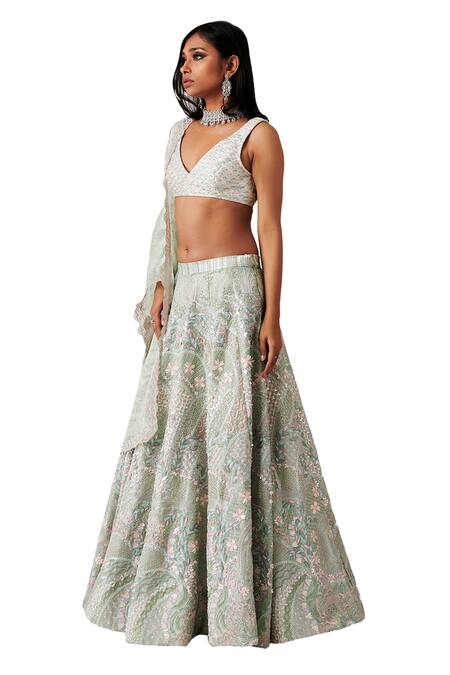 Amaare_Green Taffeta Embroidery V Neck Embellished Bridal Lehenga Set_Online_at_Aza_Fashions