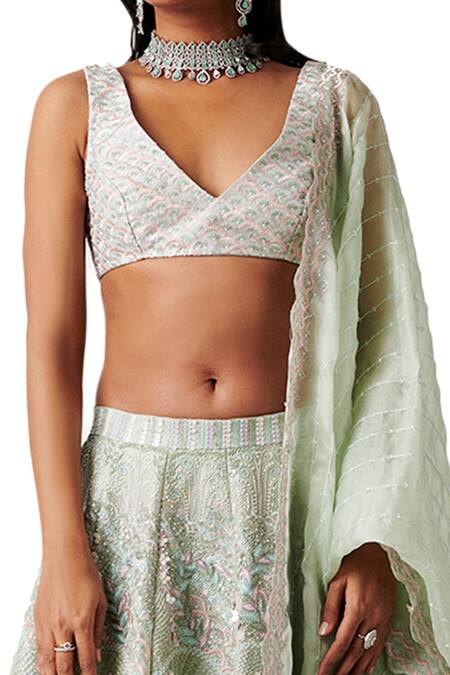 Buy_Amaare_Green Taffeta Embroidery V Neck Embellished Bridal Lehenga Set_Online_at_Aza_Fashions