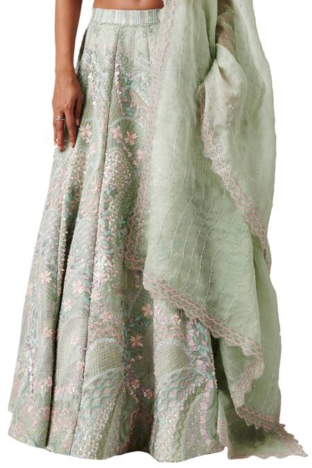Shop_Amaare_Green Taffeta Embroidery V Neck Embellished Bridal Lehenga Set_Online_at_Aza_Fashions
