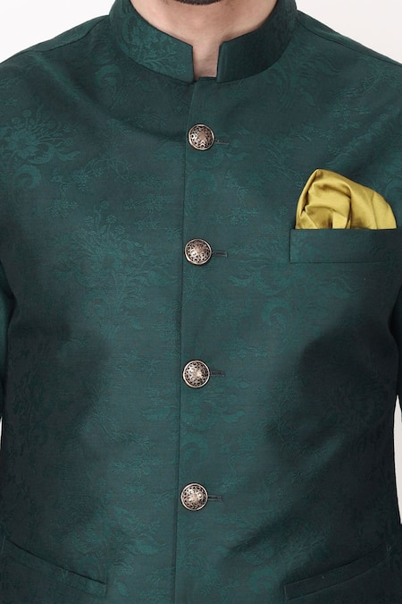 Shop_Manish Nagdeo_Green Silk, Cotton Bottle Quilted Bundi Jacket Set _Online_at_Aza_Fashions