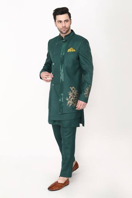 Shop_Manish Nagdeo_Green Cotton, Silk Embroidery, Applique Hand Bandhgala With Kurta Set _Online_at_Aza_Fashions