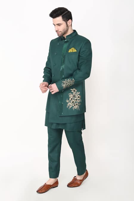 Manish Nagdeo_Green Cotton, Silk Embroidery, Applique Hand Bandhgala With Kurta Set _at_Aza_Fashions