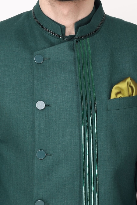 Buy_Manish Nagdeo_Green Cotton, Silk Embroidery, Applique Hand Bandhgala With Kurta Set 