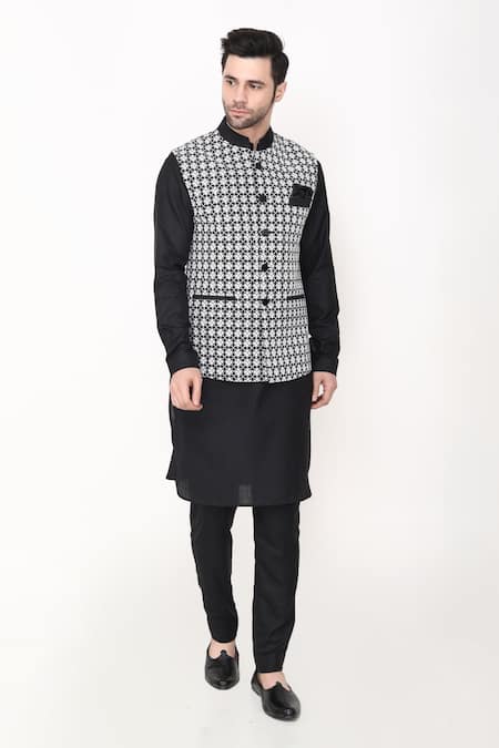 Shop_Manish Nagdeo_Black Silk, Cotton Embroidery Bundi Jacket And Kurta Set _Online_at_Aza_Fashions