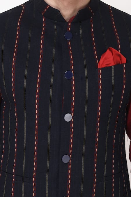 Manish Nagdeo_Blue Handloom Cotton, Cotton, Viscose Embroidery Bundi Set _at_Aza_Fashions