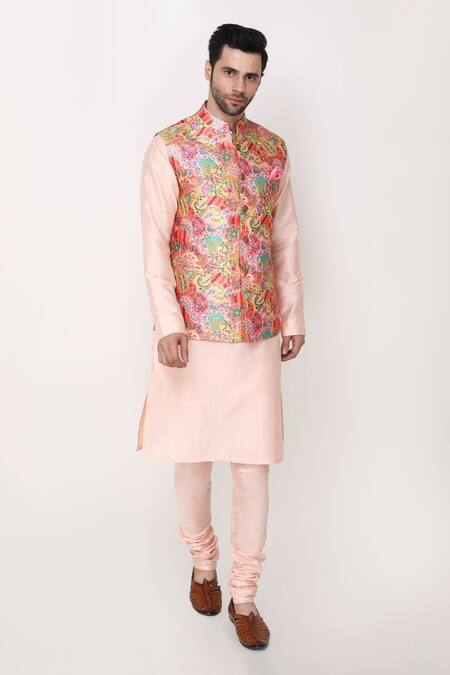 Shop_Manish Nagdeo_Multi Color Cotton, Silk Zari, Embroidery Digital Print Bundi Jacket And Kurta Set_Online_at_Aza_Fashions