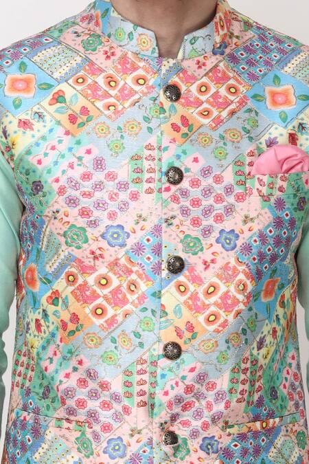 Manish Nagdeo_Multi Color Silk, Cotton Embroidery, Zari Digital Print Bundi Jacket Set_at_Aza_Fashions