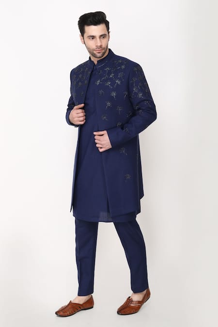 Buy_Manish Nagdeo_Blue Cotton Applique, Embroidery Hand Bandhgala And Kurta Set _Online_at_Aza_Fashions