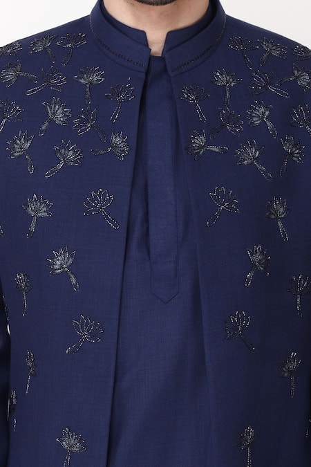 Shop_Manish Nagdeo_Blue Cotton Applique, Embroidery Hand Bandhgala And Kurta Set _Online_at_Aza_Fashions