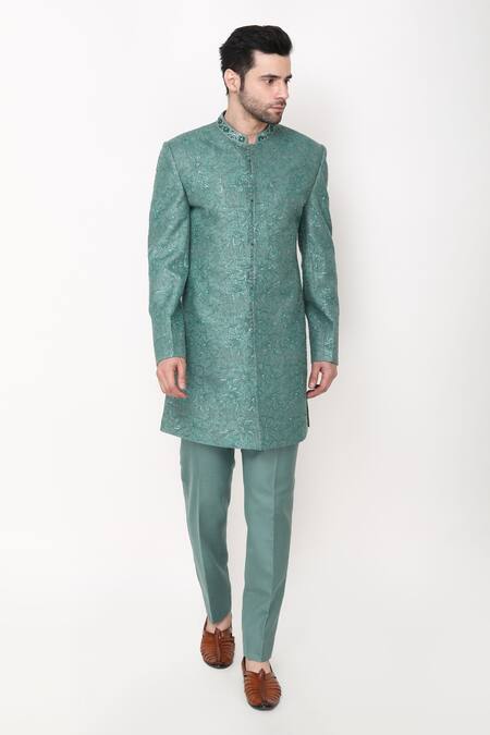 Manish Nagdeo_Green Cotton, Silk Embroidery Block Print Bandhgala And Pant Set _Online_at_Aza_Fashions