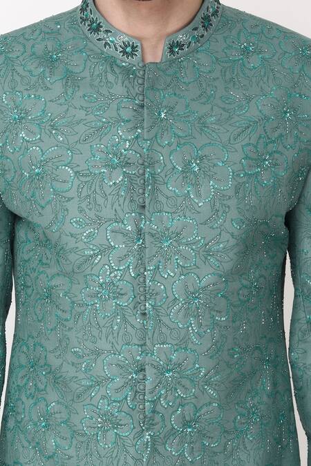 Buy_Manish Nagdeo_Green Cotton, Silk Embroidery Block Print Bandhgala And Pant Set _Online_at_Aza_Fashions