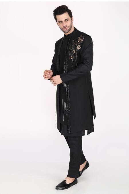 Buy_Manish Nagdeo_Black Silk Applique, Embroidery Hand Bundi Kurta Set _Online_at_Aza_Fashions