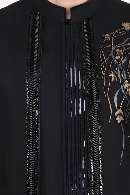 Shop_Manish Nagdeo_Black Silk Applique, Embroidery Hand Bundi Kurta Set _Online_at_Aza_Fashions