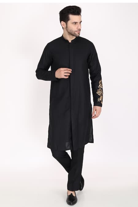 Manish Nagdeo Black Silk Applique Hand Embroidered Bundi Kurta Set Online at Aza Fashions Manish Nagdeo_Black Silk Applique Hand Embroidered Bundi Kurta Set _Online_at_Aza_Fashions