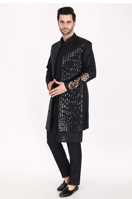 Buy Manish Nagdeo Black Silk Applique Hand Embroidered Bundi Kurta Set Online at Aza Fashions Buy_Manish Nagdeo_Black Silk Applique Hand Embroidered Bundi Kurta Set _Online_at_Aza_Fashions