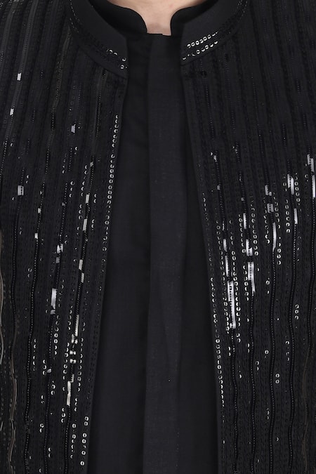 Shop Manish Nagdeo Black Silk Applique Hand Embroidered Bundi Kurta Set Online at Aza Fashions Shop_Manish Nagdeo_Black Silk Applique Hand Embroidered Bundi Kurta Set _Online_at_Aza_Fashions