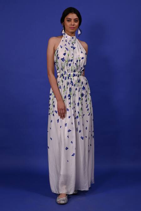 Rimi Nayak White Modal, Satin, Cotton, Silk Sequins Halter Neck Clitoria Flower Print Gown at Aza Fashions Rimi Nayak_White Modal, Satin, Cotton, Silk Sequins Halter Neck Clitoria Flower Print Gown _at_Aza_Fashions